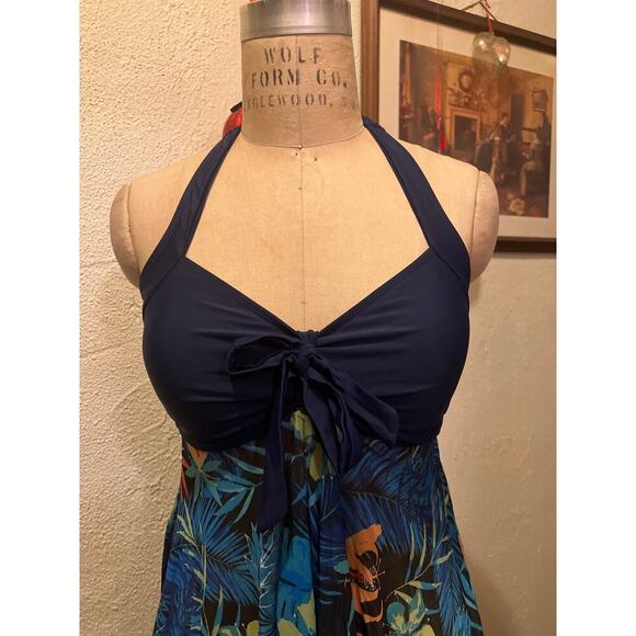 Blue Halter V-neck Tankini Flowing Swimdress Top NWT Size M - Picture 2 of 8